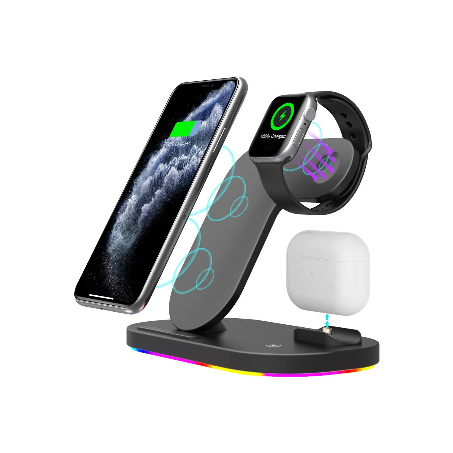 Compatible with Apple, 15W Qi Fast Wireless Charger Stand for iPhone 12Pro XR Watch 3 in 1, Foldable Charging Station for Airpods Pro IWatch