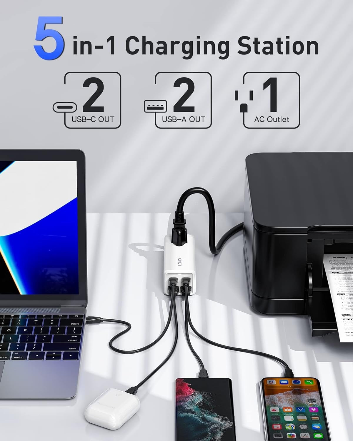 MANTO 65W 5-in-1 GaN USB Charging Station, Super Fast Charger With 2 USB C Ports, 2 USB Ports And 1 Outlet, USB C