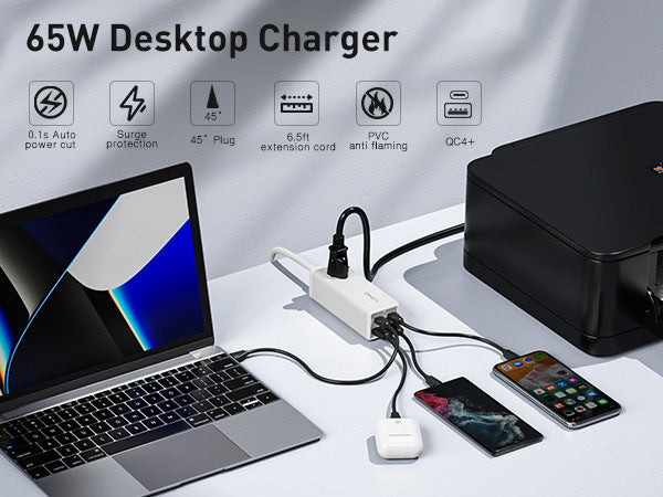 MANTO 65W 5-in-1 GaN USB Charging Station, Super Fast Charger With 2 USB C Ports, 2 USB Ports And 1 Outlet, USB C