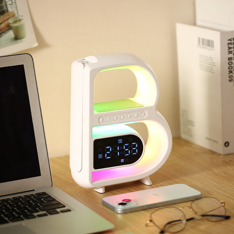 2024 New B-Shaped Bluetooth Speaker Multifunctional Smart Music Rhythm Lighting Phone Wireless Charger TF Card AUX Input Standard Mode