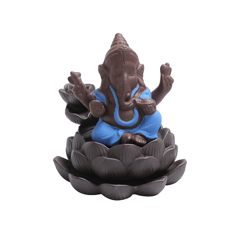 Purple Sand Ceramic Backflow Incense Elephant Head God Ganesh Lotus Base Incense Burner For Worship Ornaments