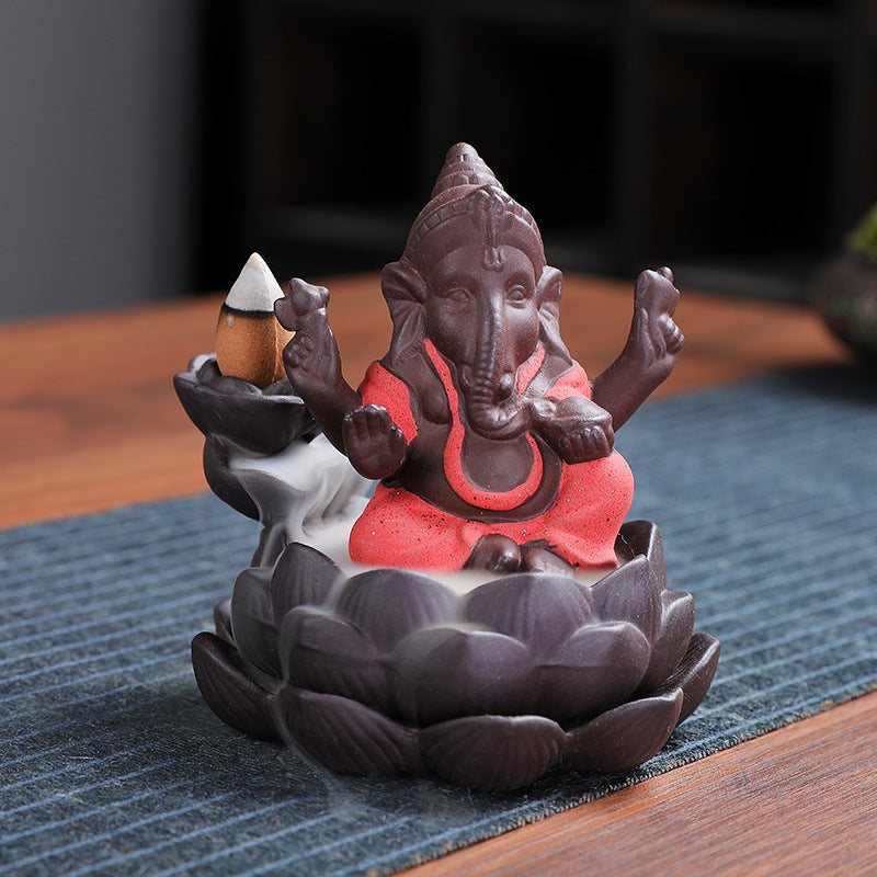 Purple Sand Ceramic Backflow Incense Elephant Head God Ganesh Lotus Base Incense Burner For Worship Ornaments