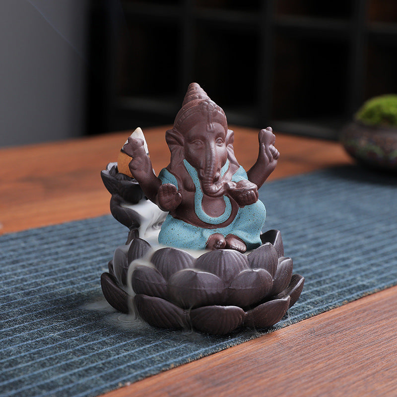 Purple Sand Ceramic Backflow Incense Elephant Head God Ganesh Lotus Base Incense Burner For Worship Ornaments