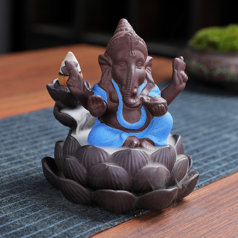 Purple Sand Ceramic Backflow Incense Elephant Head God Ganesh Lotus Base Incense Burner For Worship Ornaments