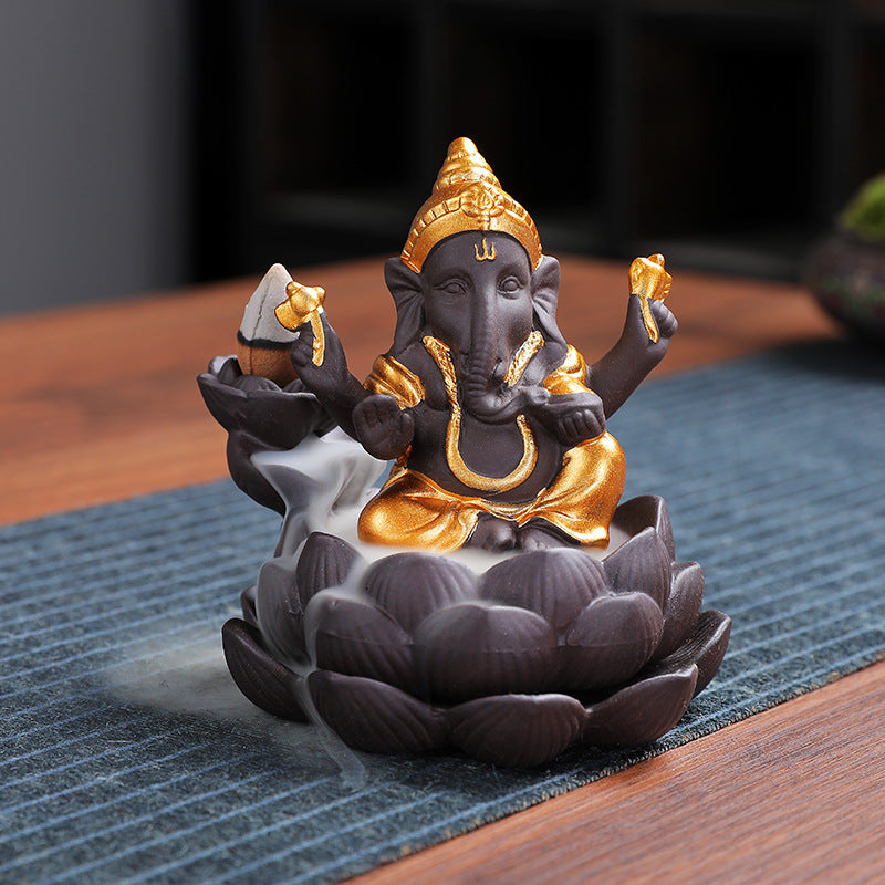 Purple Sand Ceramic Backflow Incense Elephant Head God Ganesh Lotus Base Incense Burner For Worship Ornaments