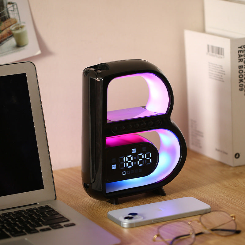 2024 New B-Shaped Bluetooth Speaker Multifunctional Smart Music Rhythm Lighting Phone Wireless Charger TF Card AUX Input Standard Mode